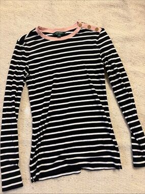 Ralph Lauren Black & White Striped Long Sleeve Top with Pink Trim